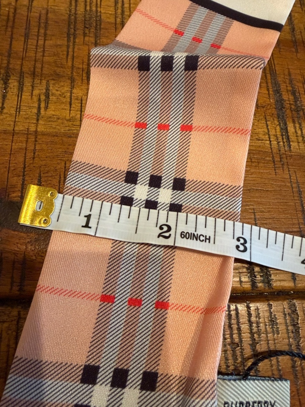 Burberry Peach Plaid & Stripe Silk Twilly Scarf - Picture 9 of 11
